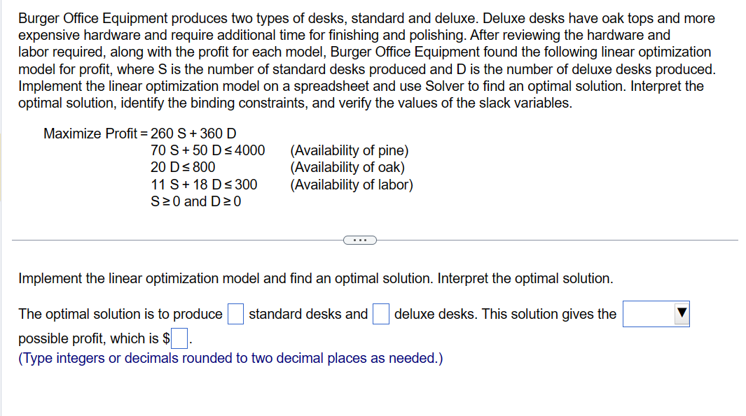  Implement the linear optimization model and find an optimal solution. Interpret