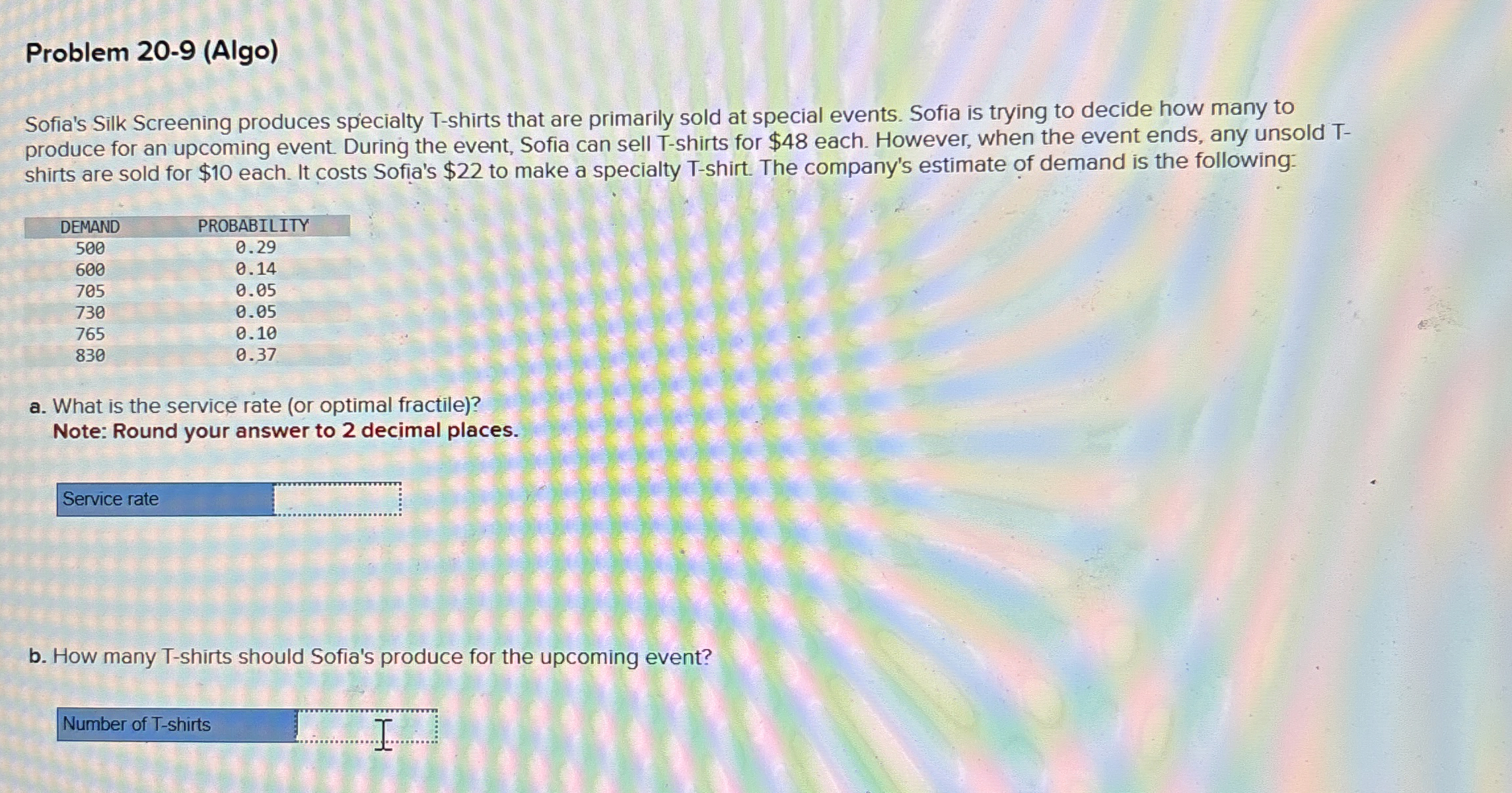  Problem 20-9(Algo) Sofia's Silk Screening produces specialty T-shirts that are primarily