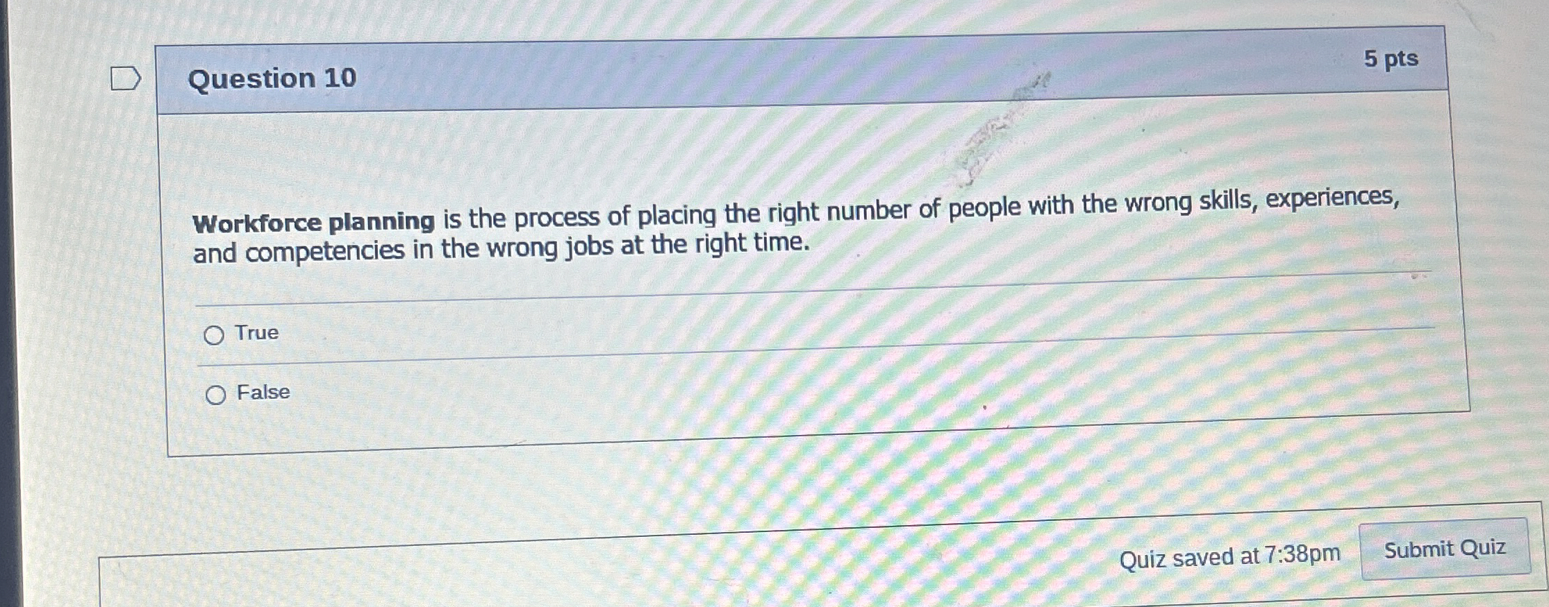  Question 10 5 pts Workforce planning is the process of placing