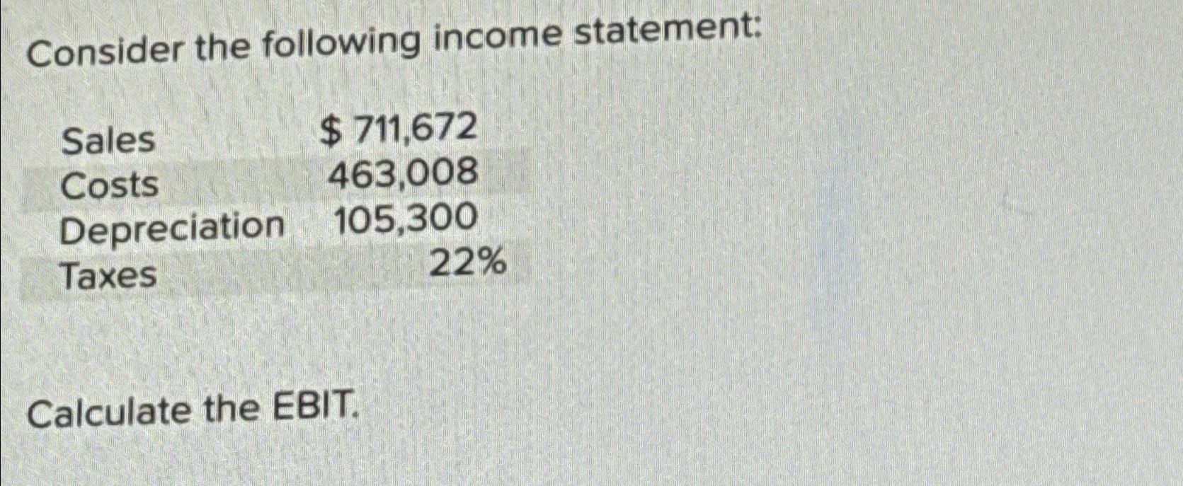  Consider the following income statement: \table[[Sales,$711,672 