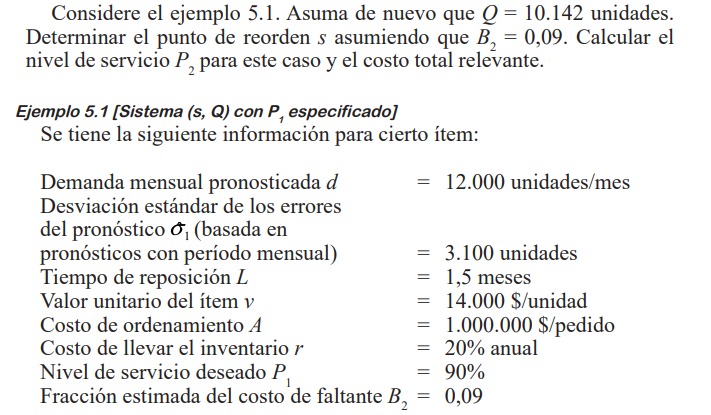  Considere el ejemplo 5.1. Asuma de nuevo que Q=10.142 unidades. Determinar