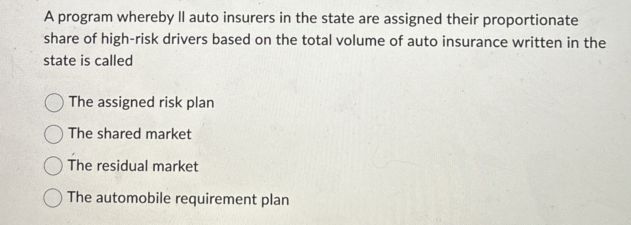  A program whereby II auto insurers in the state are assigned