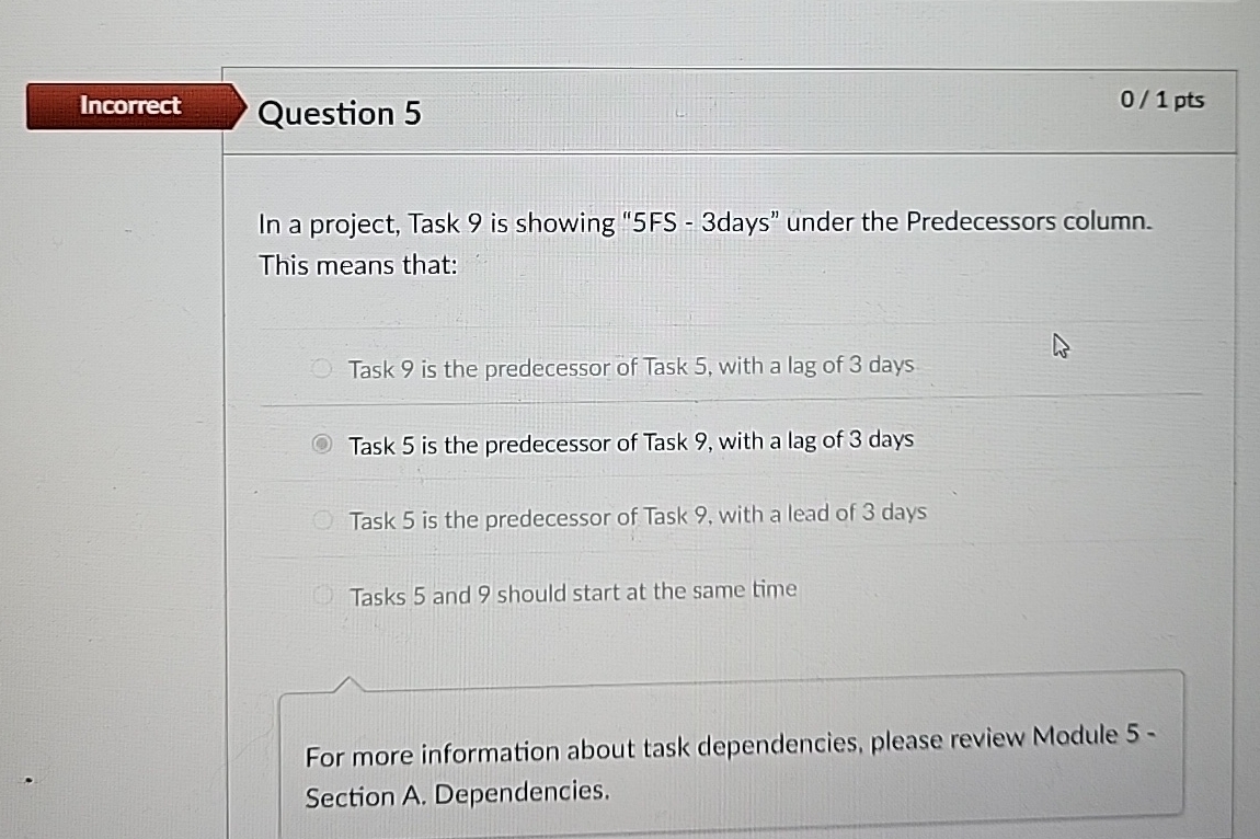  Incorrect Question 5 01 pts In a project, Task 9 is