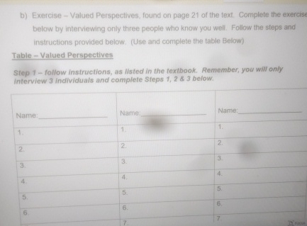  b) Exercise - Valued Perspectives, found on page 21 of the