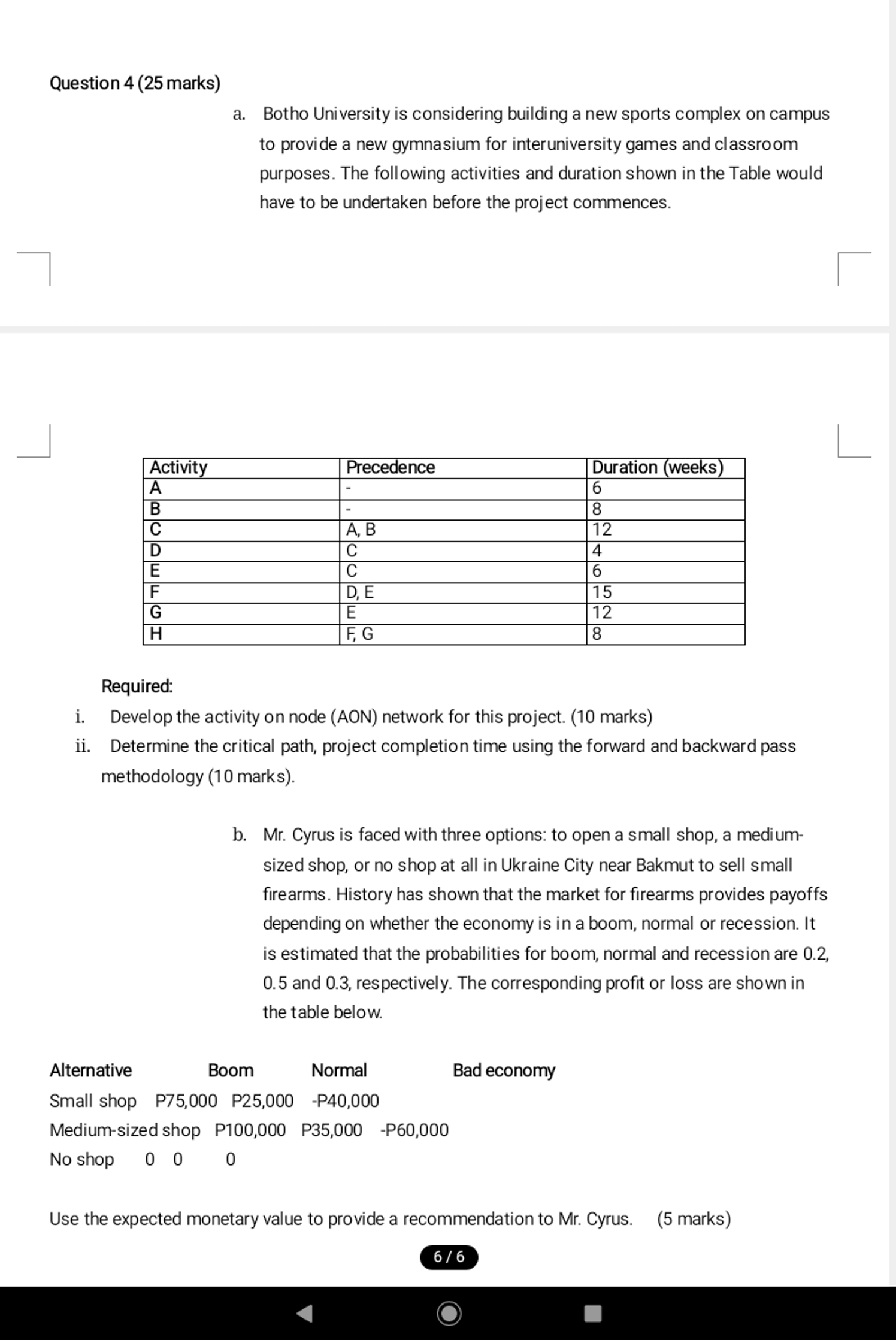  Question 4(25 marks) a. Botho University is considering building a new