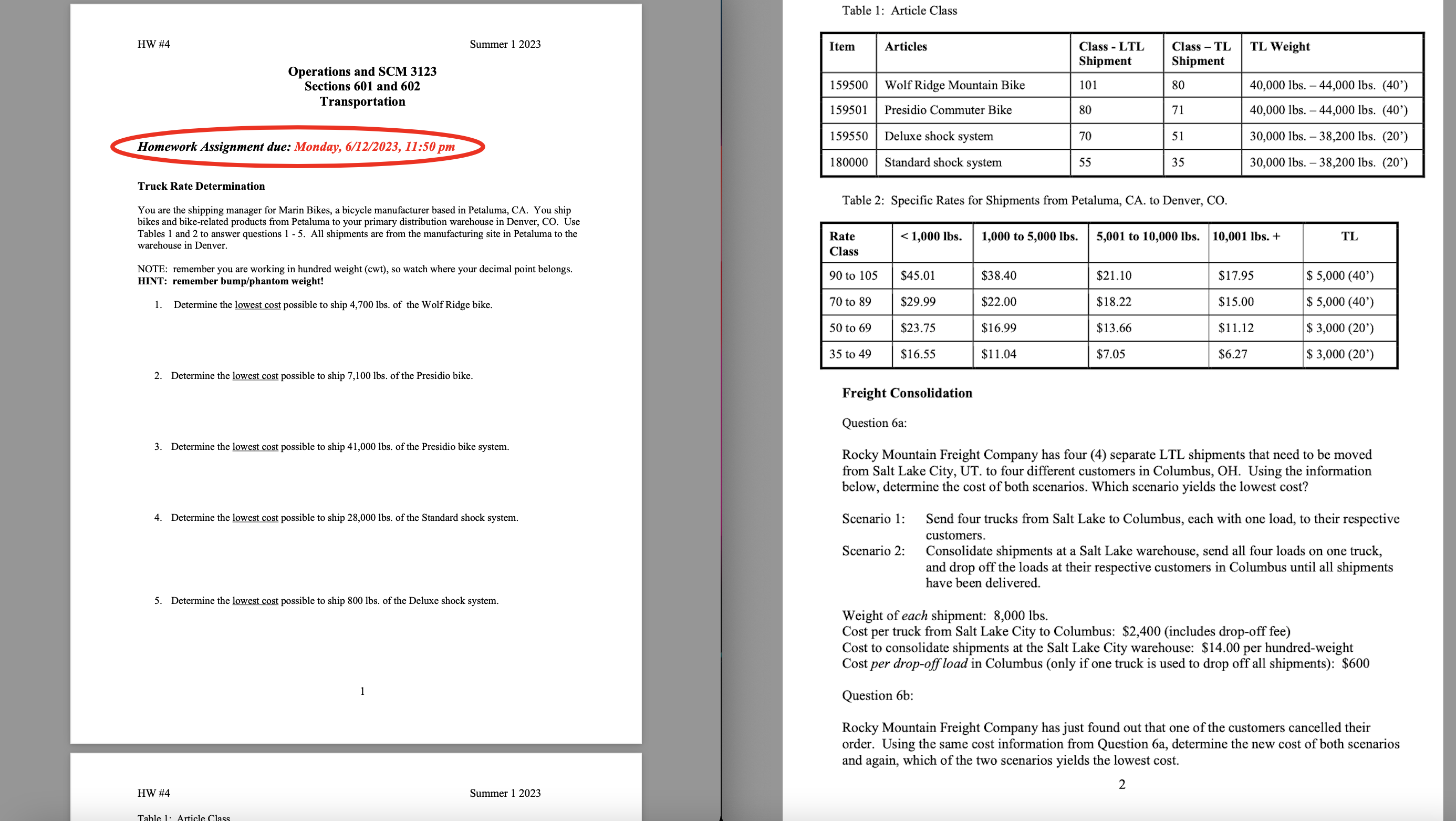 Table 1: Article Class HW \#4 Summer 12023 Operations and SCM