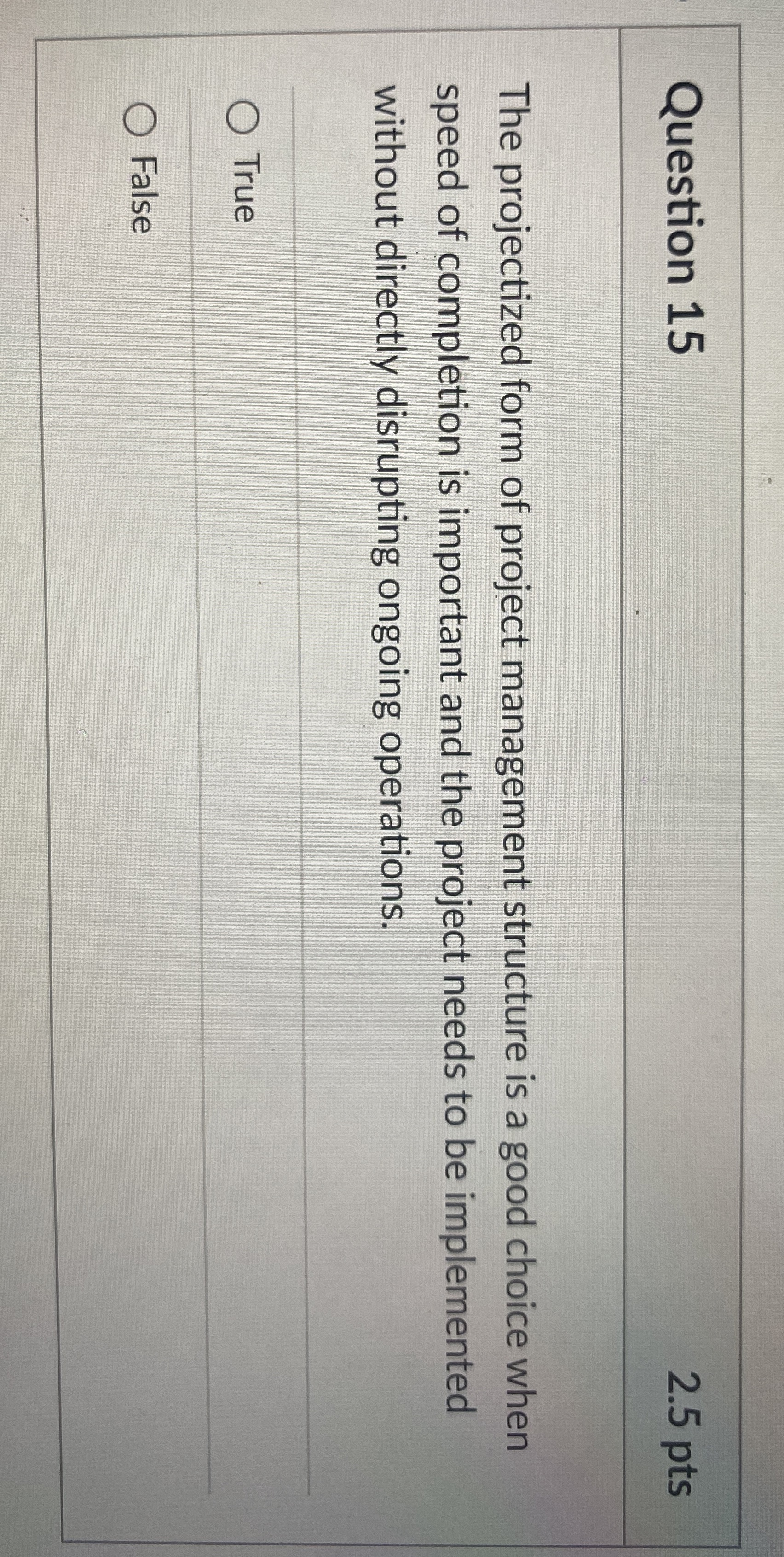  Question 15 2.5 pts The projectized form of project management structure