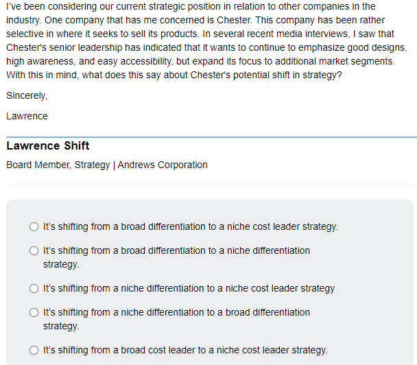 I've been considering our current strategic position in relation to other