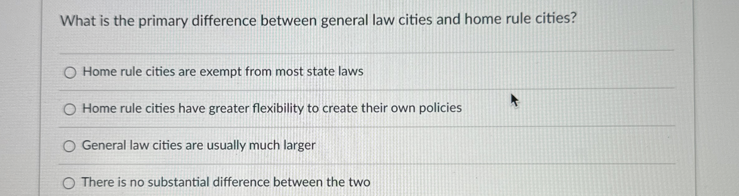  What is the primary difference between general law cities and home