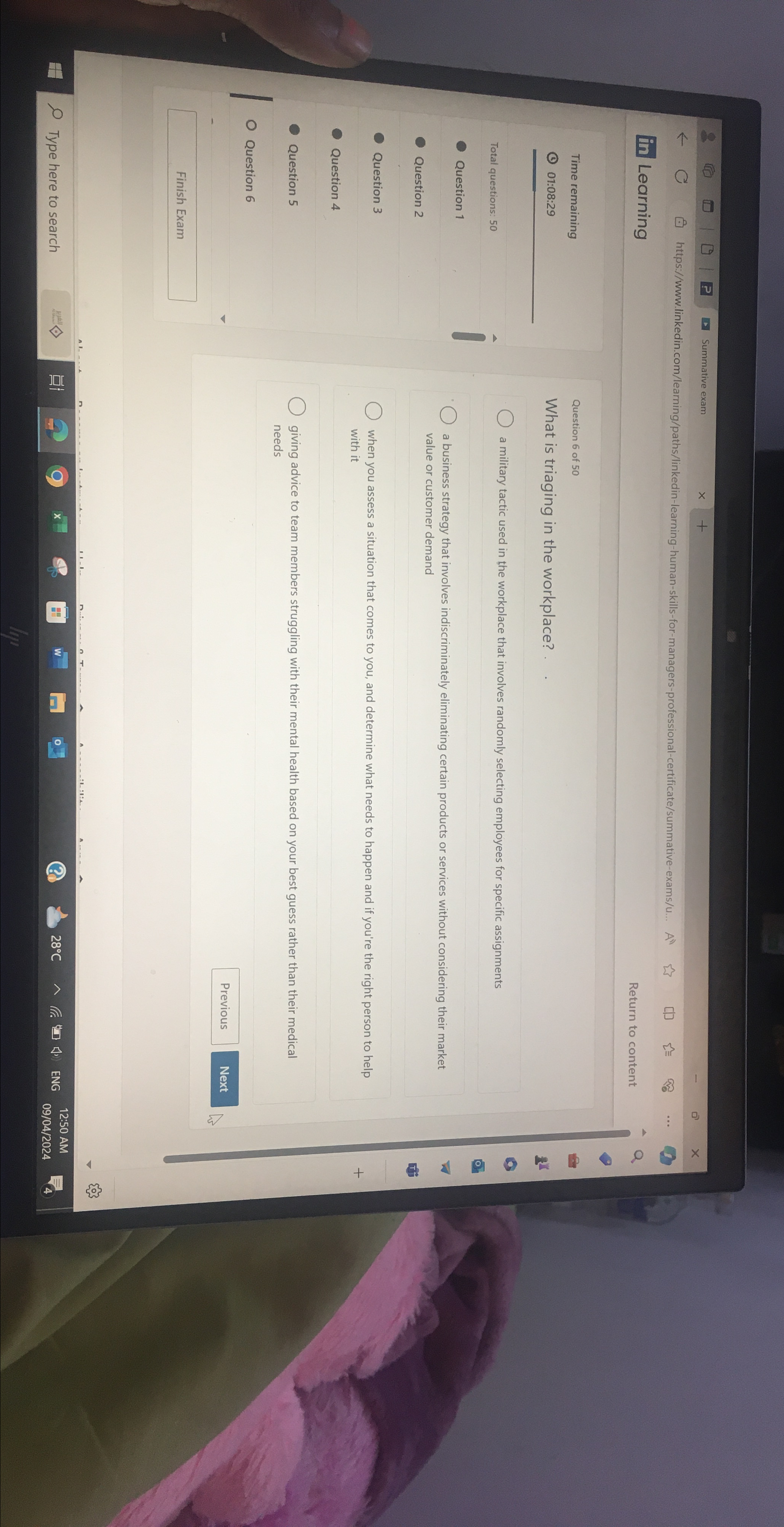  Learning Return to content Time remaining 01:08:29 Total questions: 50 Question