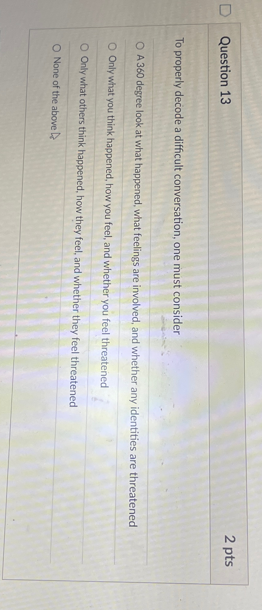  Question 13 2pts To properly decode a difficult conversation, one must