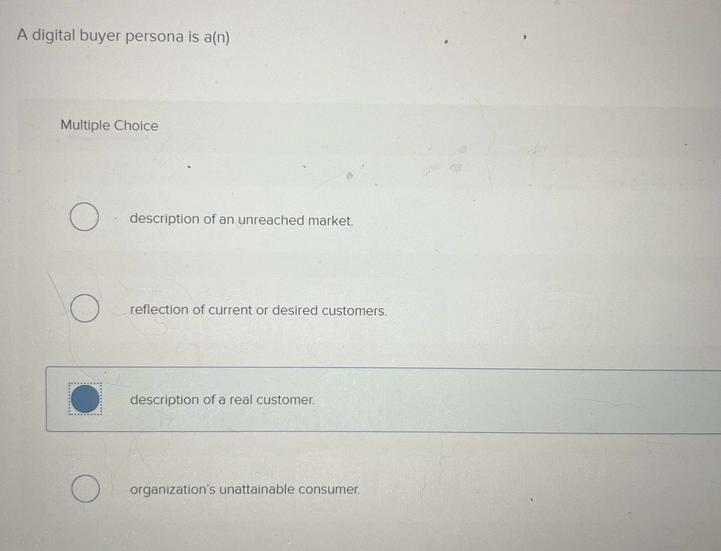  A digital buyer persona is a(n) Multiple Choice description of an