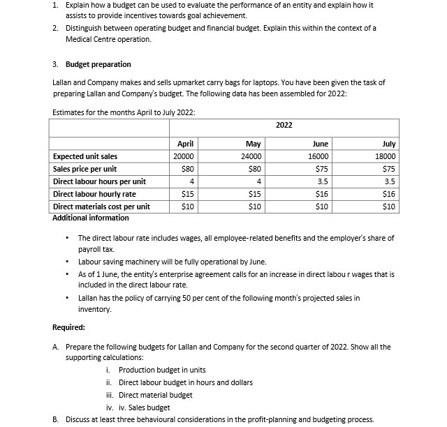  1. Explain how a budget can be used to evaluate the
