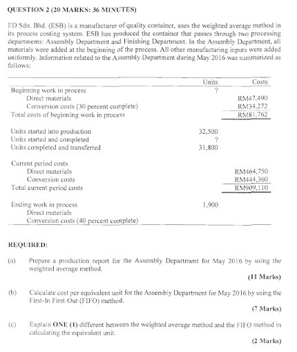  QUESTION 2 (20 MARKS: 36 MINUTES) ED Sdn, Bid. (ESB) is