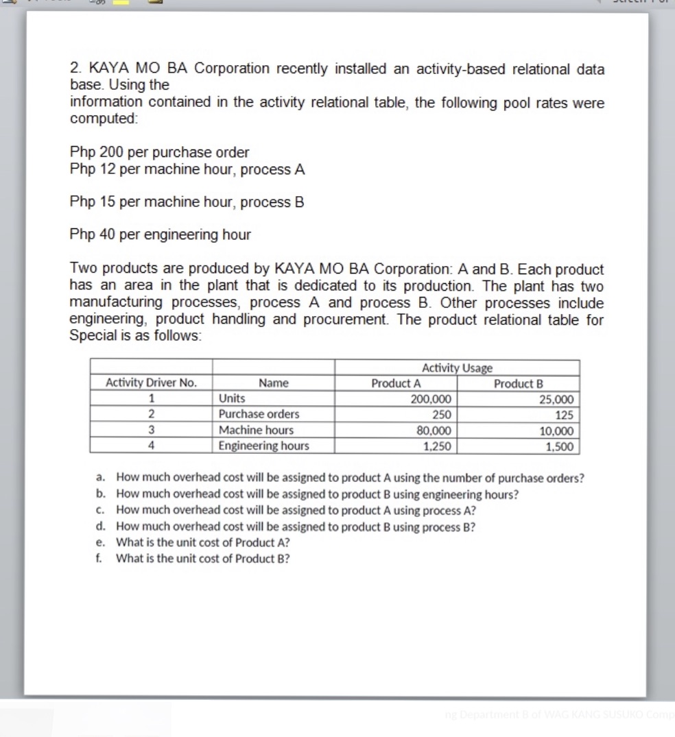  2. KAYA MO BA Corporation recently installed an activity-based relational data