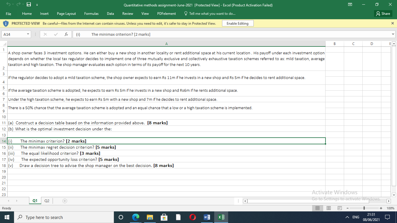Please answer the following question with workings Quantitative methods assignment-June-2021 [Protected View]