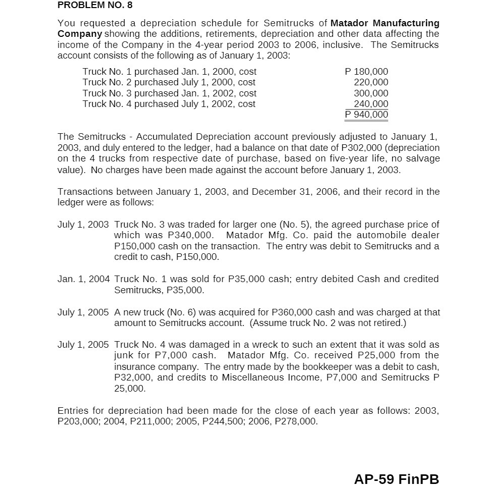 PROBLEM N0. 8 You requested a depreciation schedule for Semitrucks of