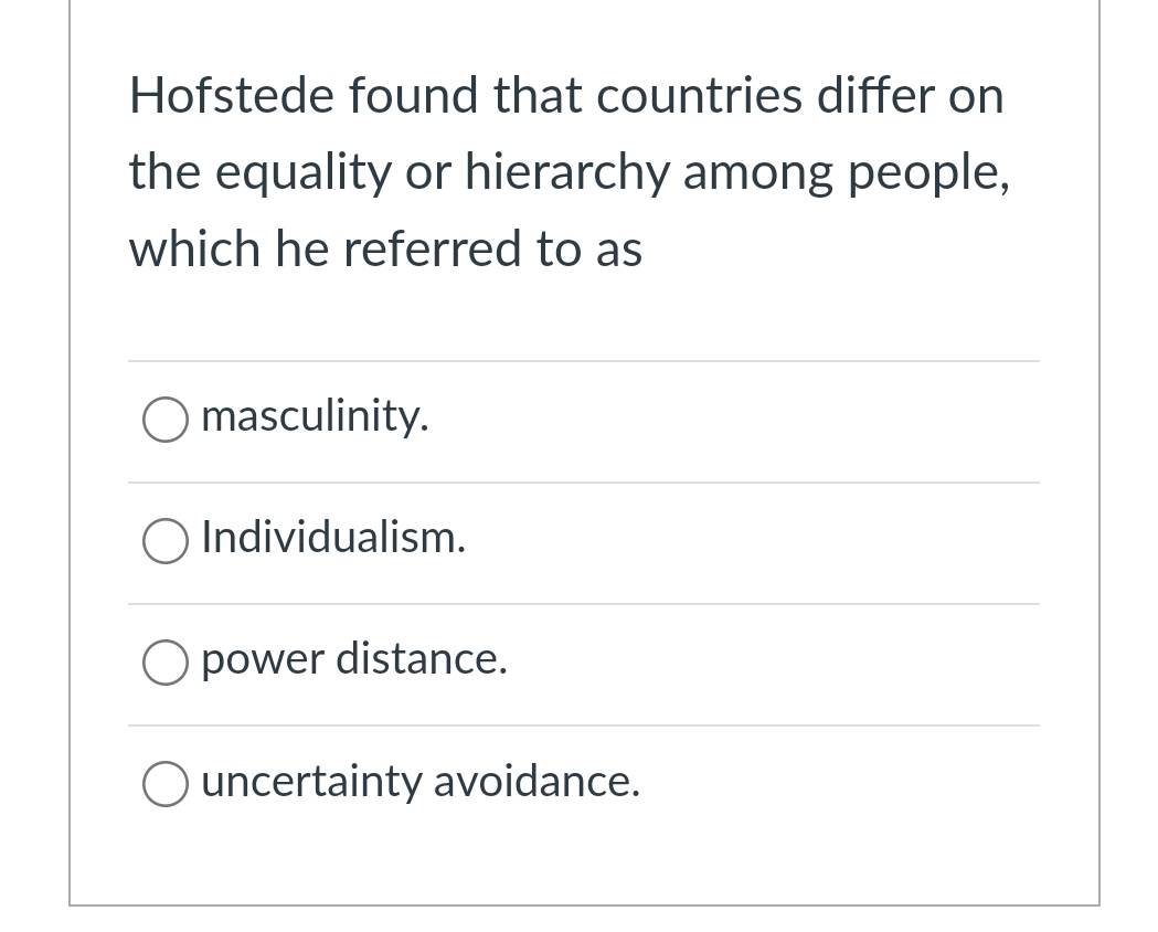 Hofstede found that countries differ on the equality or hierarchy among
