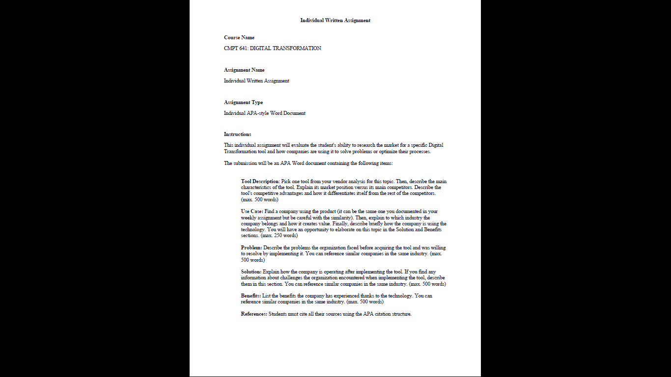 . This individual assignment will evaluate the student's ability to research the