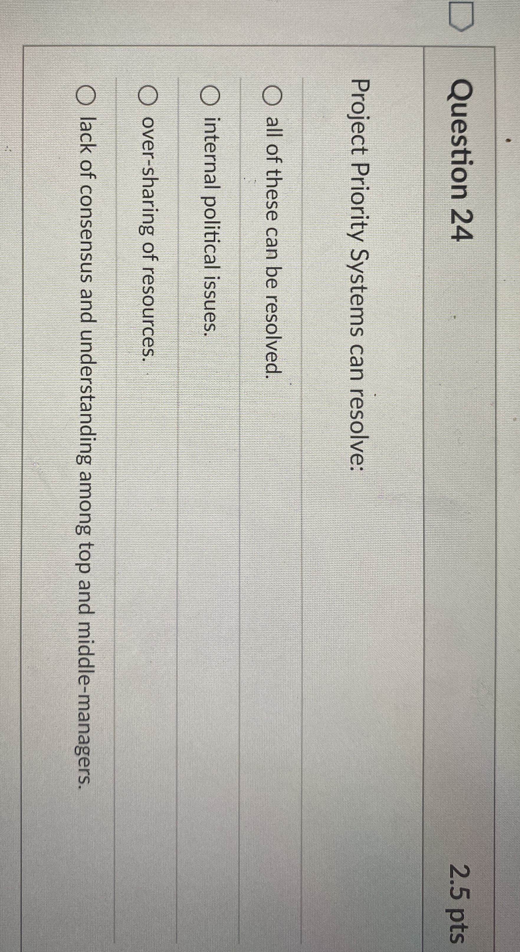  Question 24 2.5 pts Project Priority Systems can resolve: all of