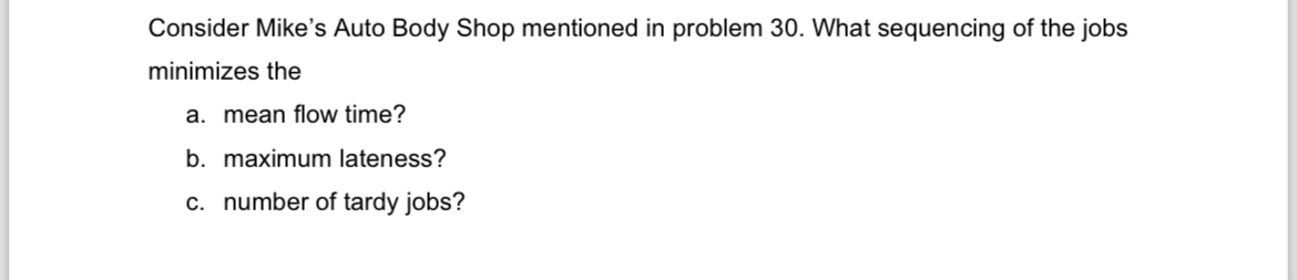  Consider Mike's Auto Body Shop mentioned in problem 30. What sequencing