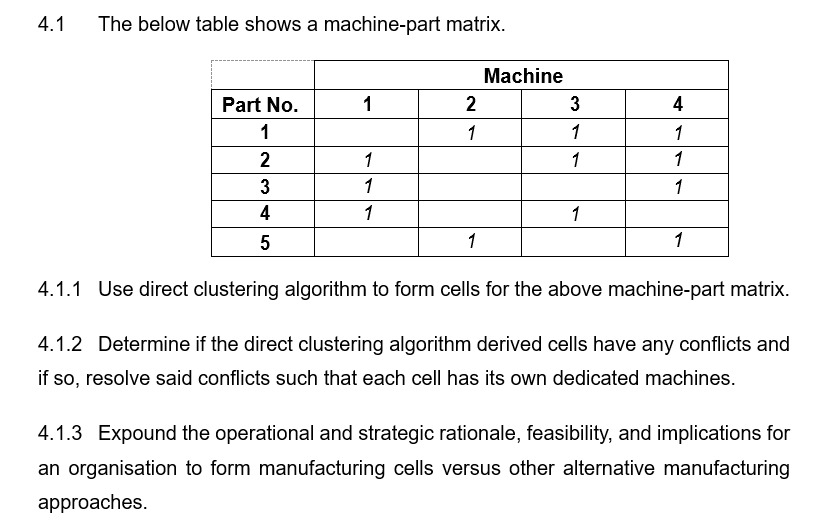 4.1 The below table shows a machine-part matrix. 4.1.1 Use direct