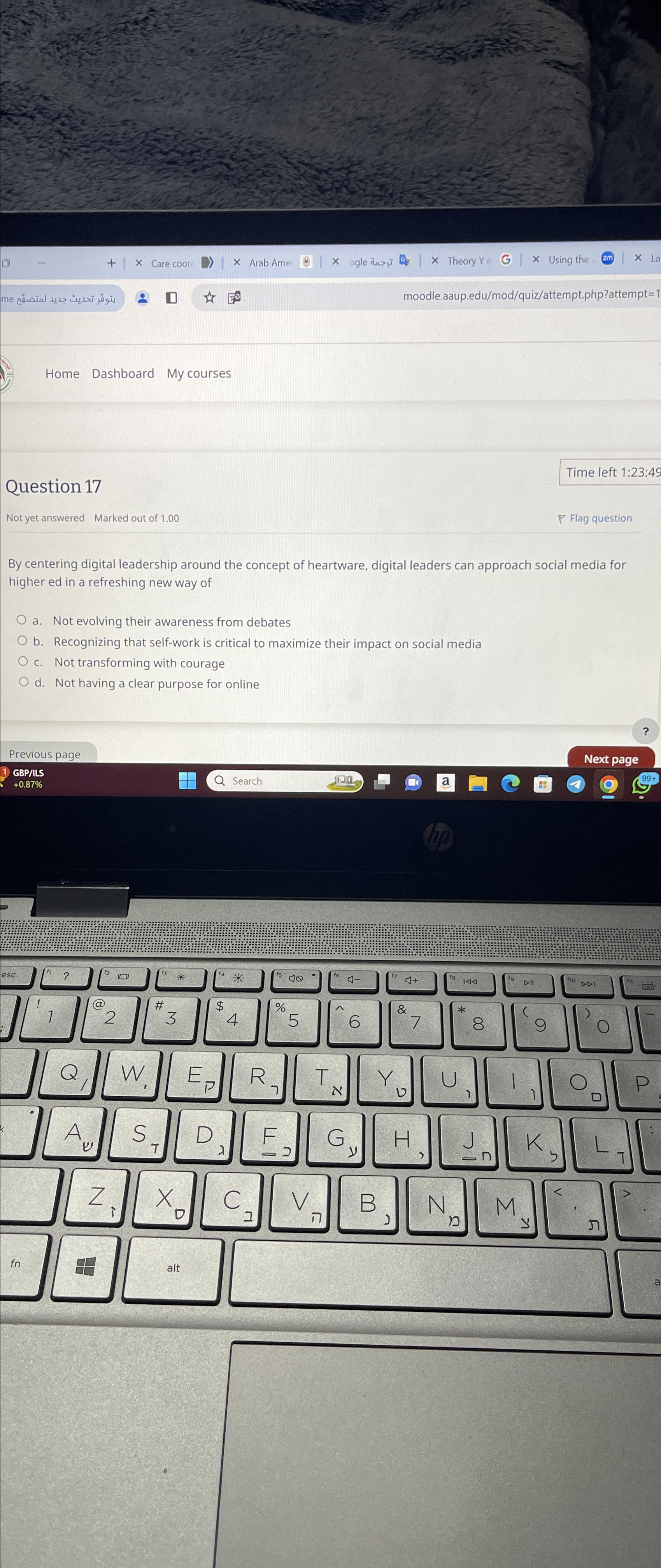 Home Dashboard My courses Question 17 Time left 1:23:49 Not yet