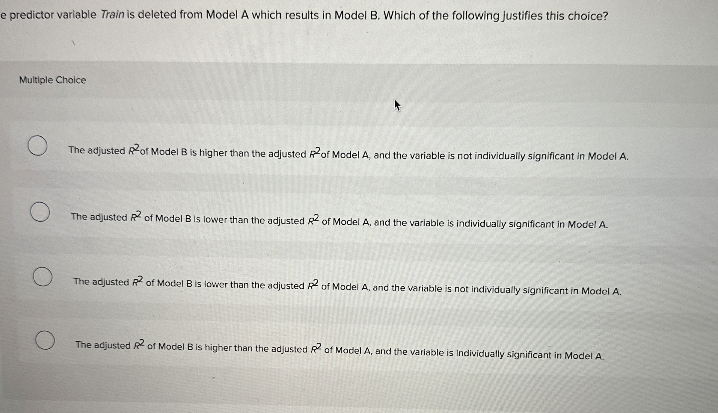  e predictor variable Train is deleted from Model A which results