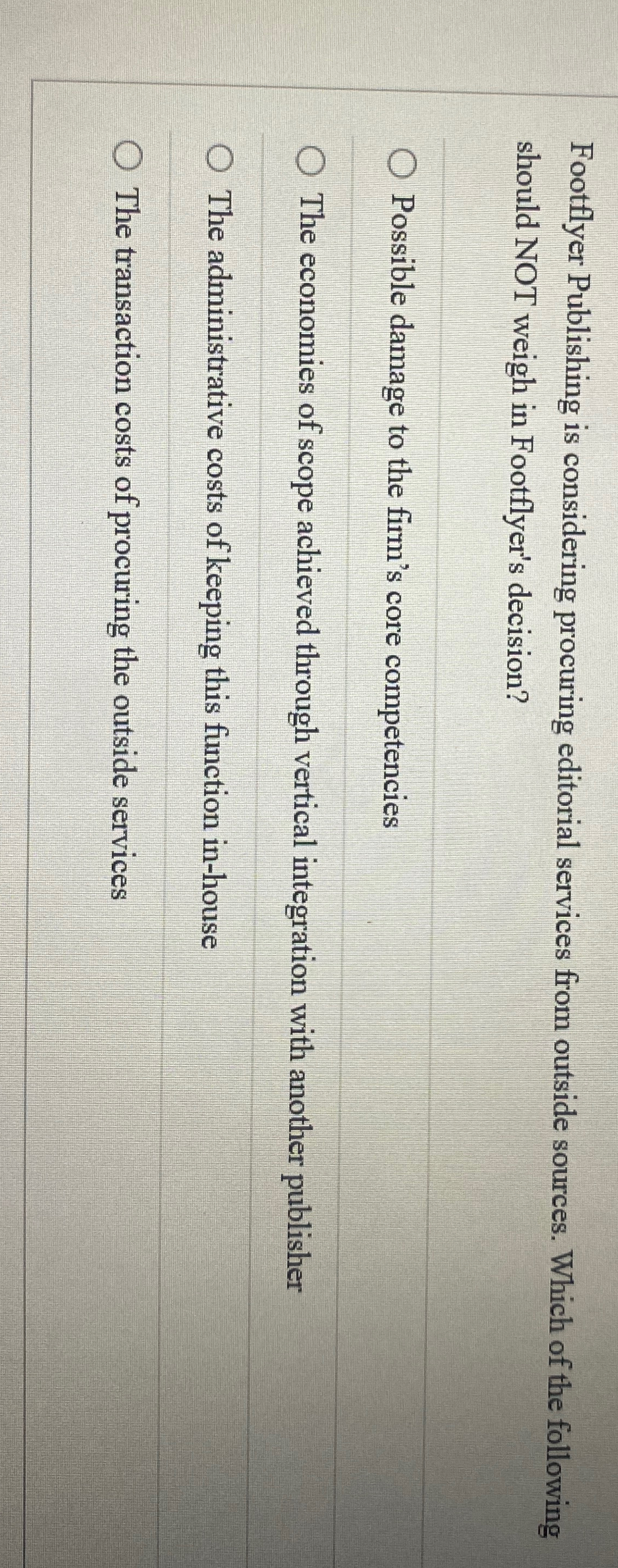  Footflyer Publishing is considering procuring editorial services from outside sources. Which