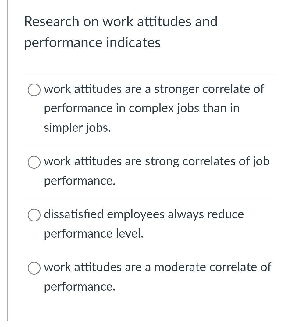  Research on work attitudes and performance indicates work attitudes are a