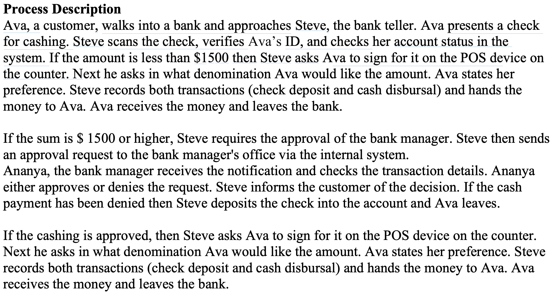  Process Description Ava, a customer, walks into a bank and approaches