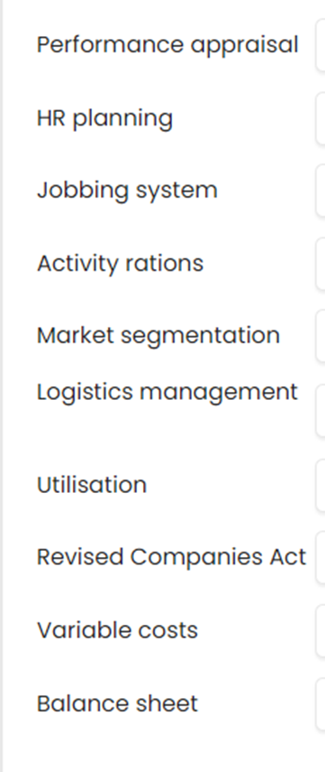 Match the two columns with each other Performance appraisal HR planning Jobbing