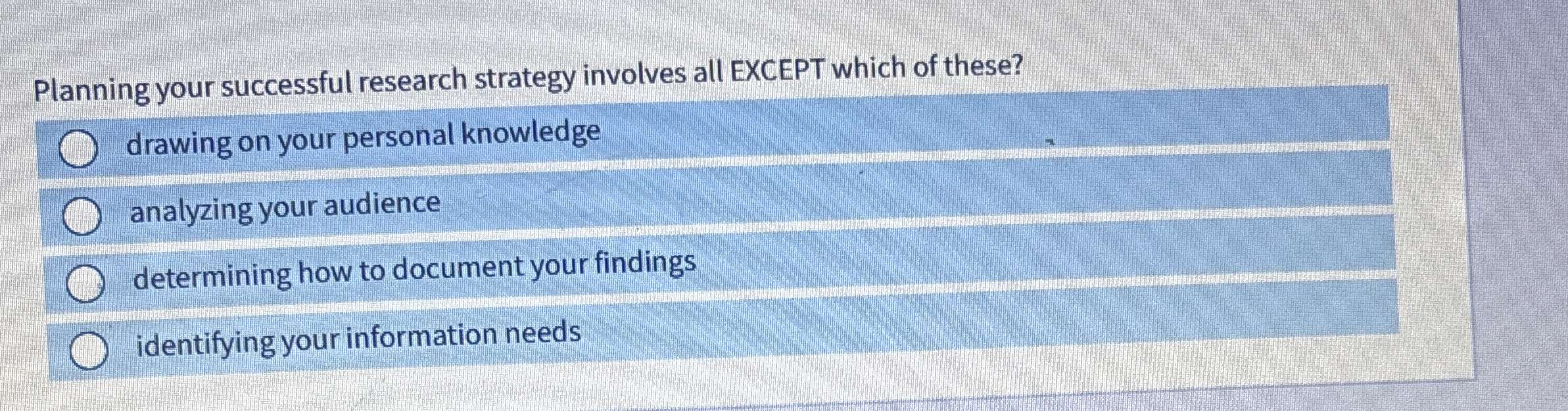  Planning your successful research strategy involves all EXCEPT which of these?