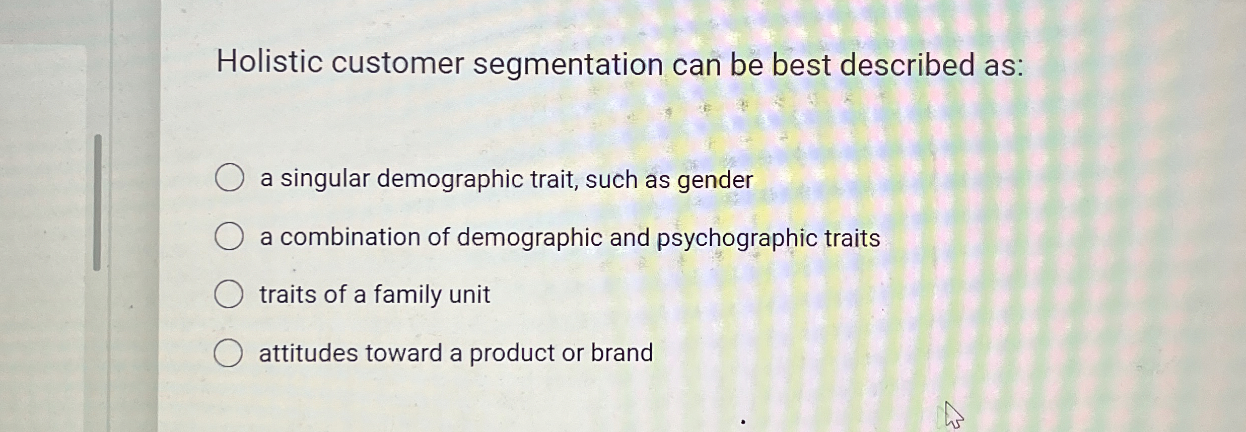  Holistic customer segmentation can be best described as: a singular demographic