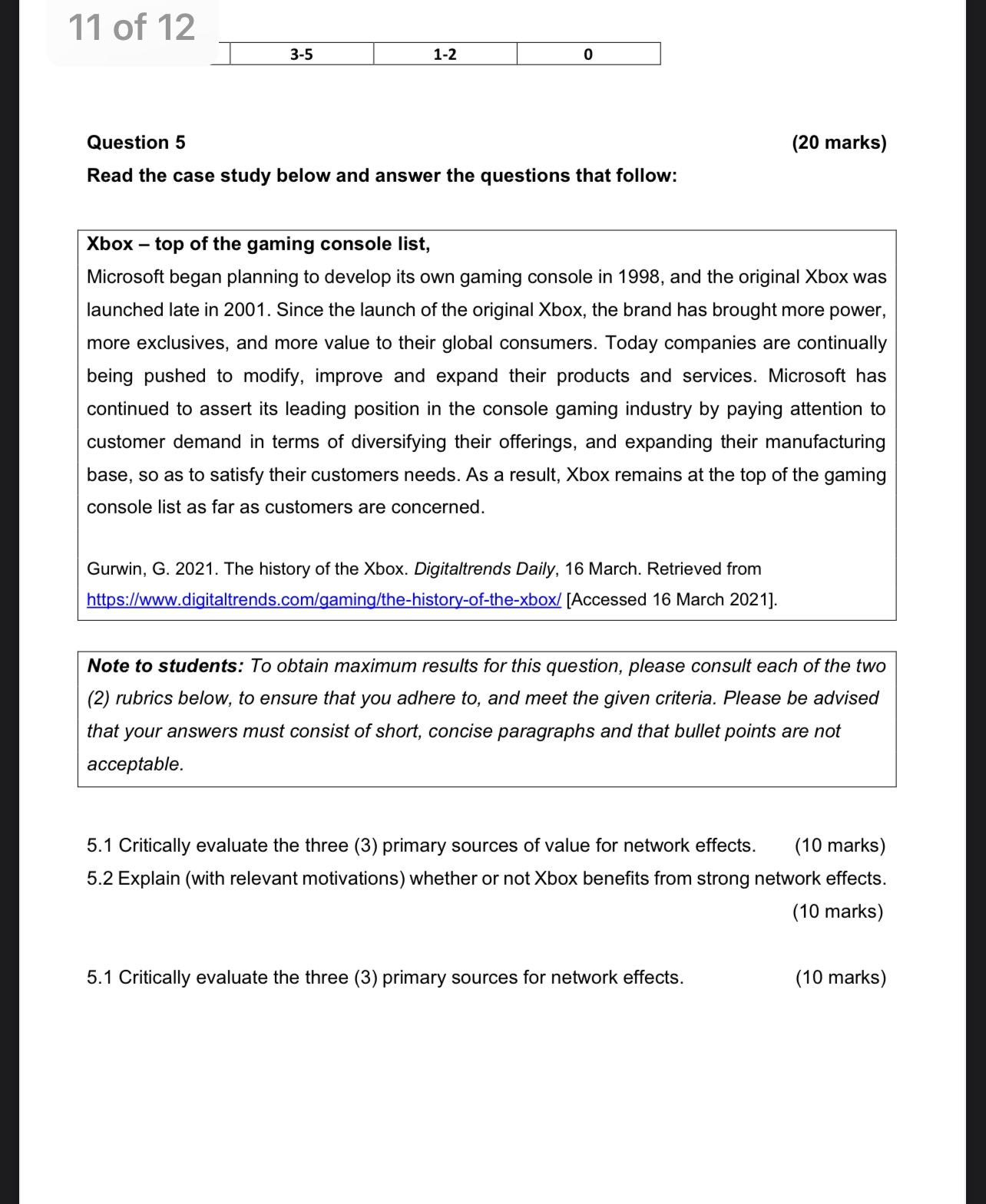  Question 5 (20 marks) Read the case study below and answer