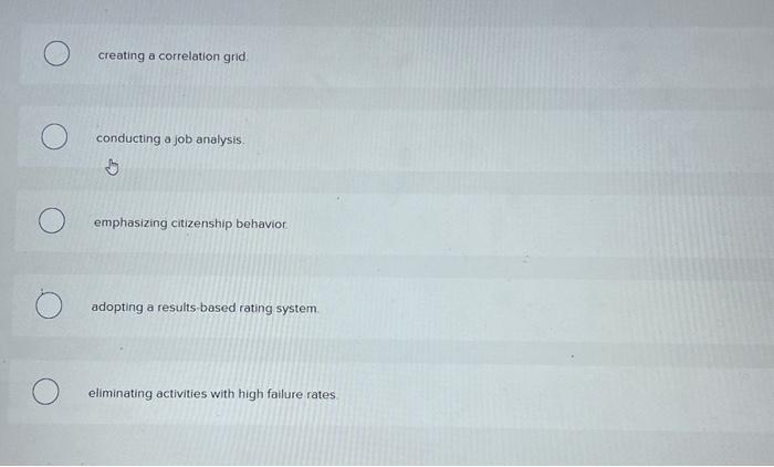 creating a correlation grid. conducting a job analysis. emphasizing citizenship behavior. adopting