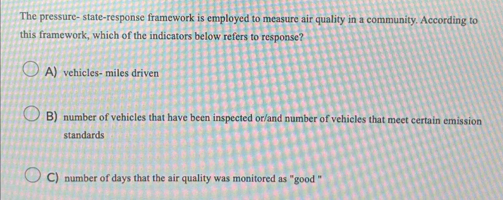  The pressure- state-response framework is employed to measure air quality in