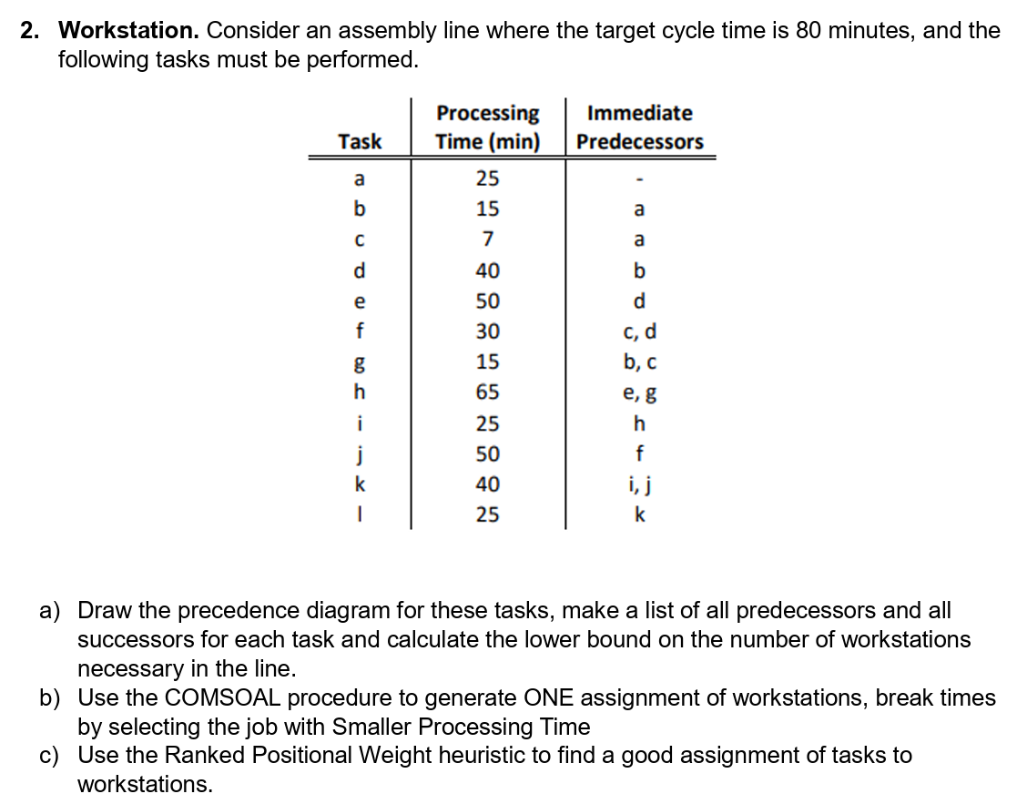  Workstation. Consider an assembly line where the target cycle time is