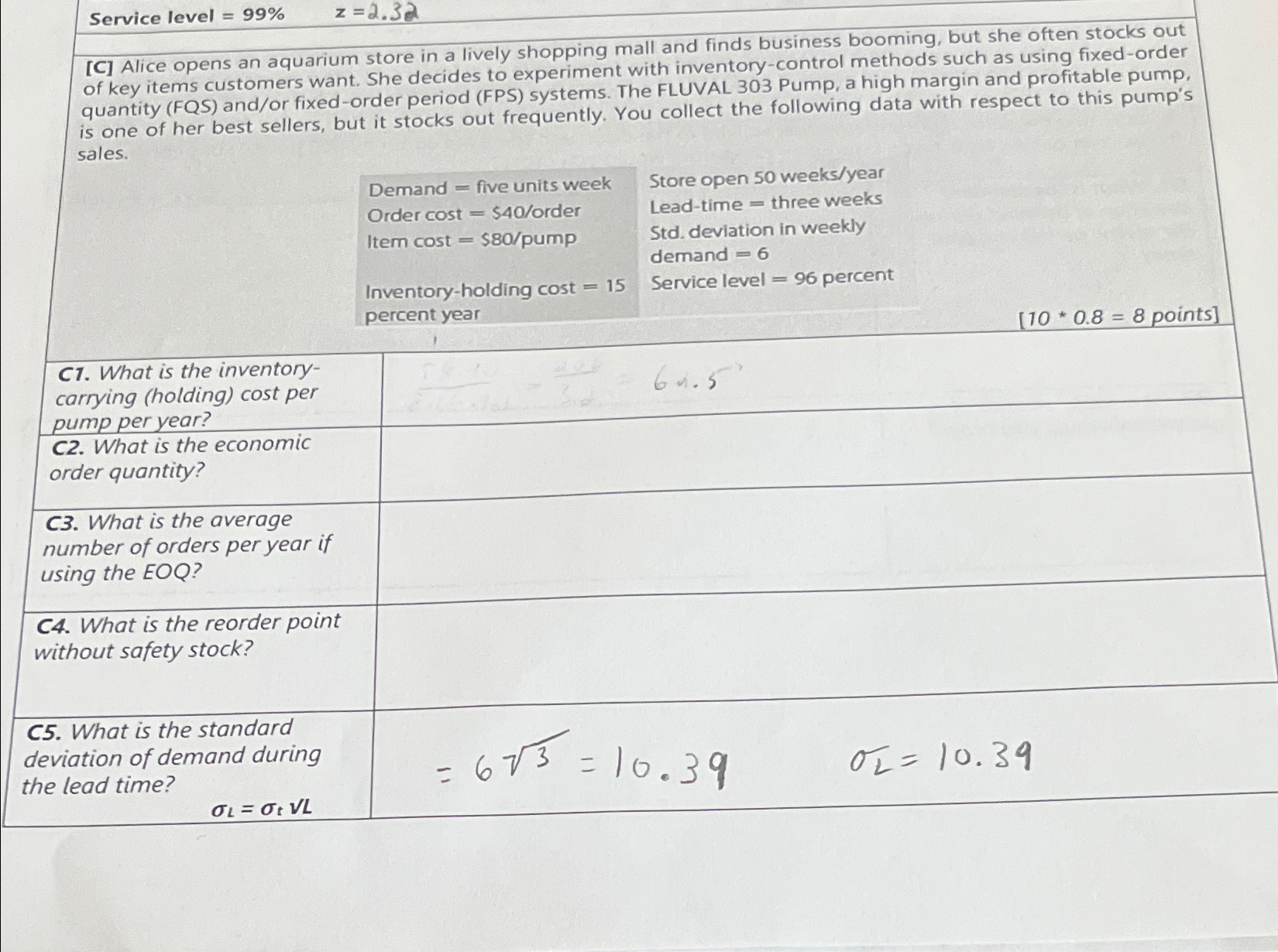  Service level =99% z=2.32 [C] Alice opens an aquarium store in