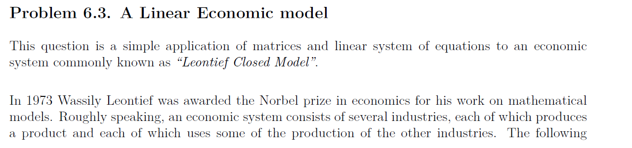 Problem 6.3. A Linear Economic model This question is a simple