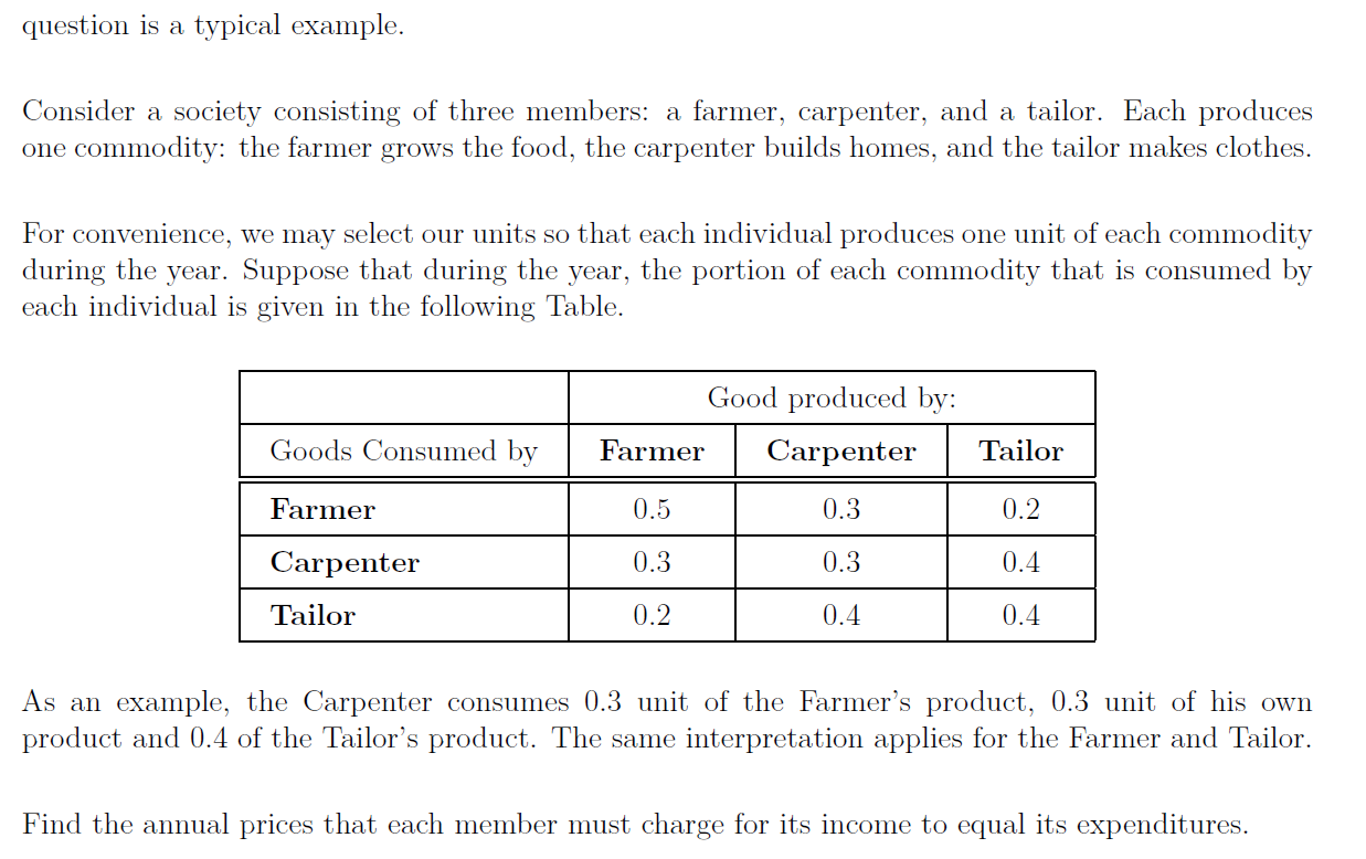 application of matrices and linear system of equations to an economic system