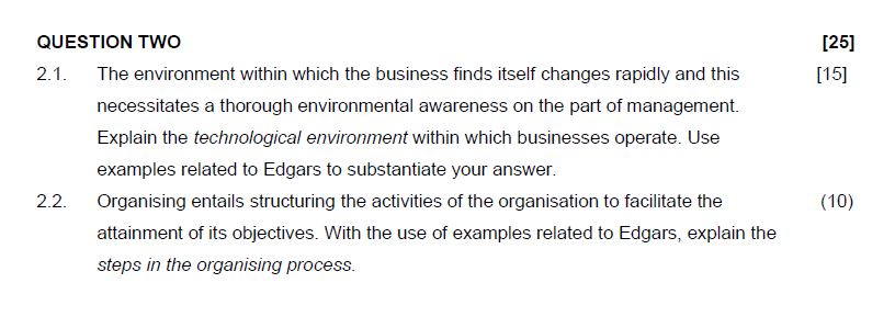  QUESTION TWO 2.1. The environment within which the business finds itself