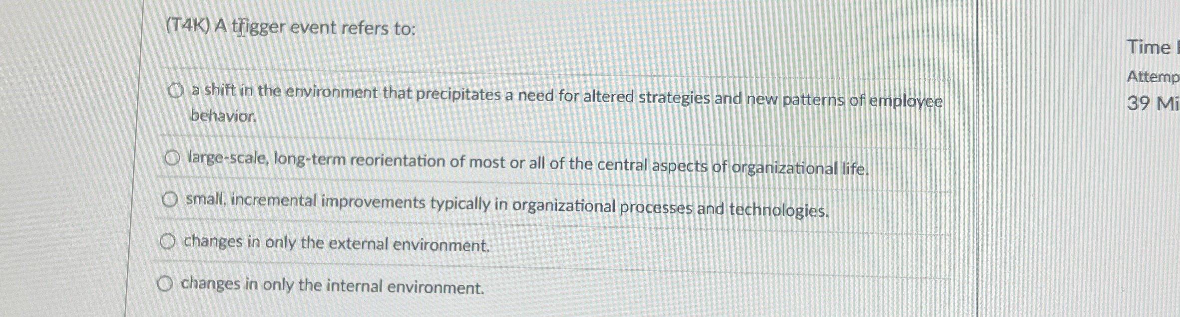  (T4K) A trigger event refers to: a shift in the environment