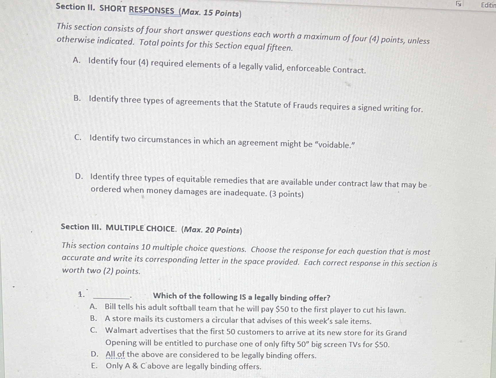  Section II. SHORT RESPONSES (Max.15 Points) This section consists of four