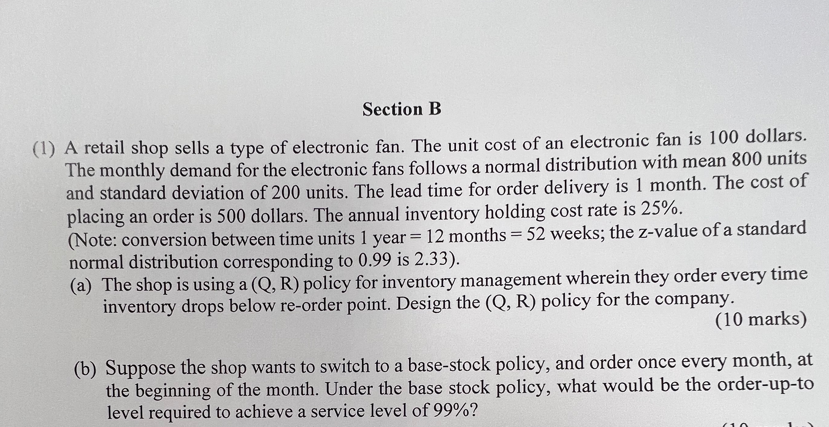  Section B (1) A retail shop sells a type of electronic