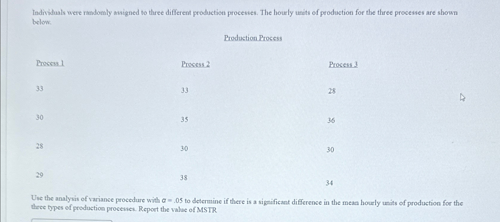  Individuals were randomly assigned to three different production processes. The hourly