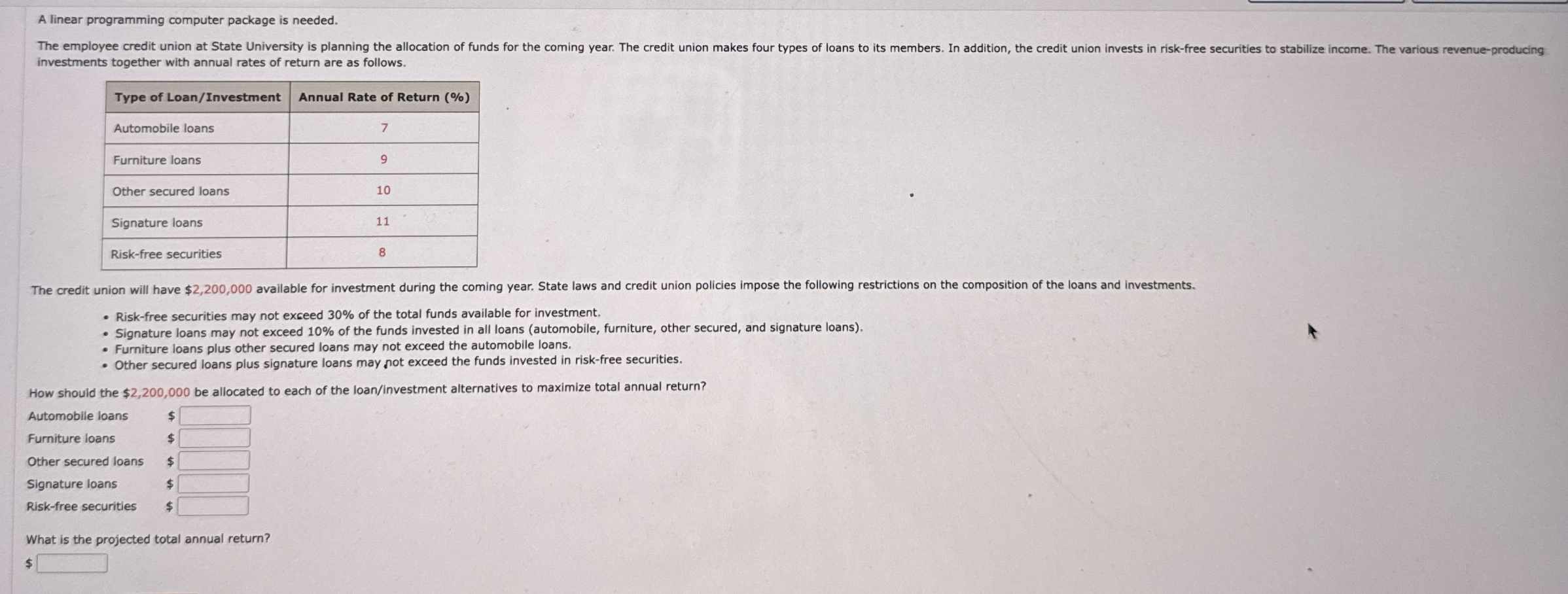  A linear programming computer package is needed. investments together with annual