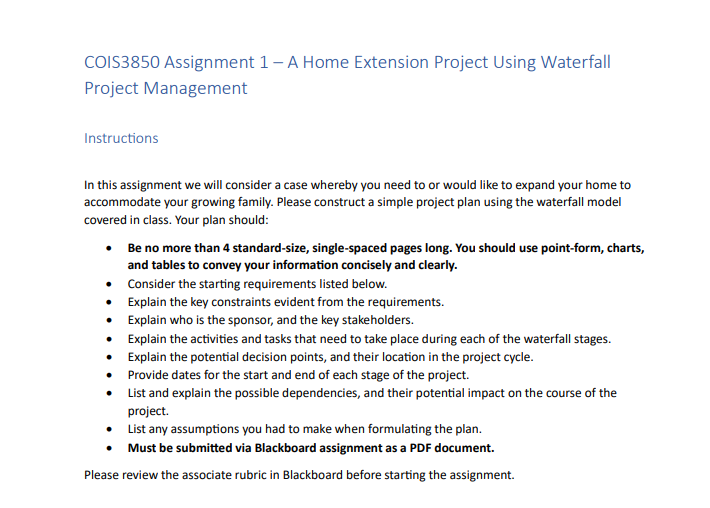  COIS3850 Assignment 1 - A Home Extension Project Using Waterfall Project