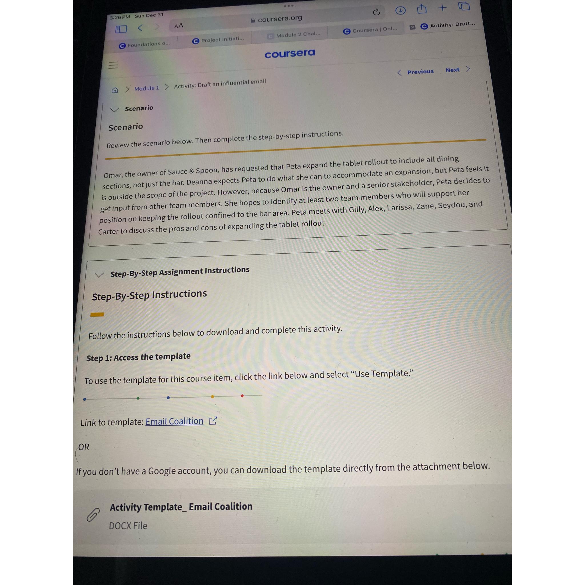  3:26 PM Sun Dec 31 AA coursera.org Foundations 0. Project Initiati...