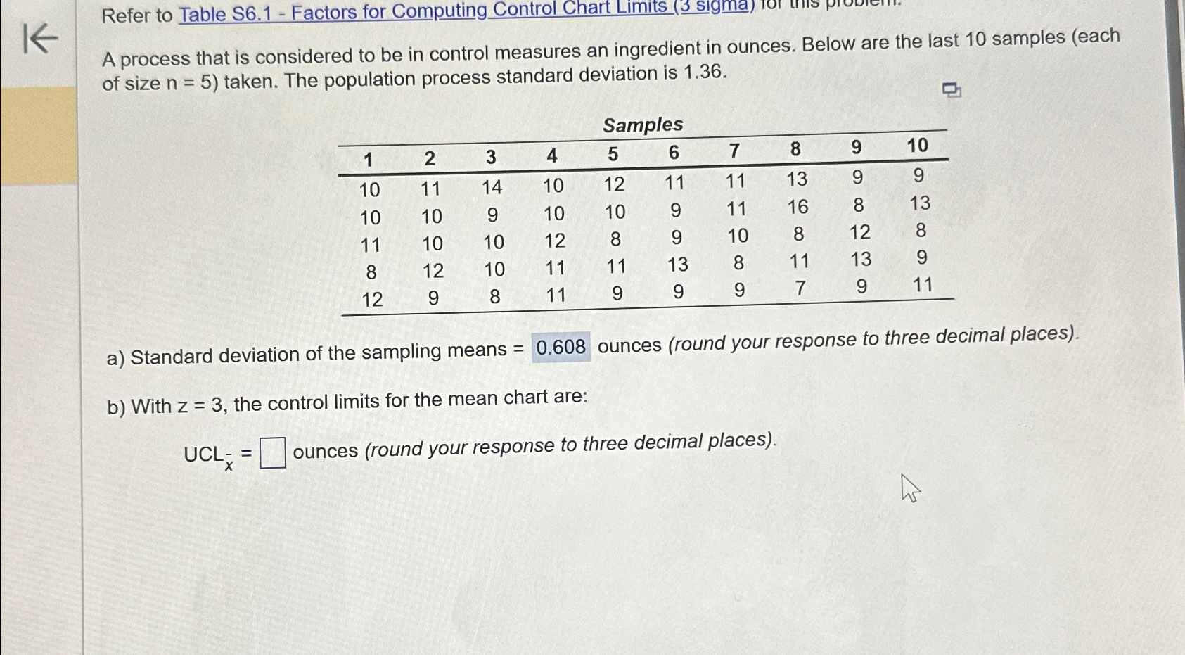  Refer to Table S6.1- Factors for Computing Control Chart Limits A